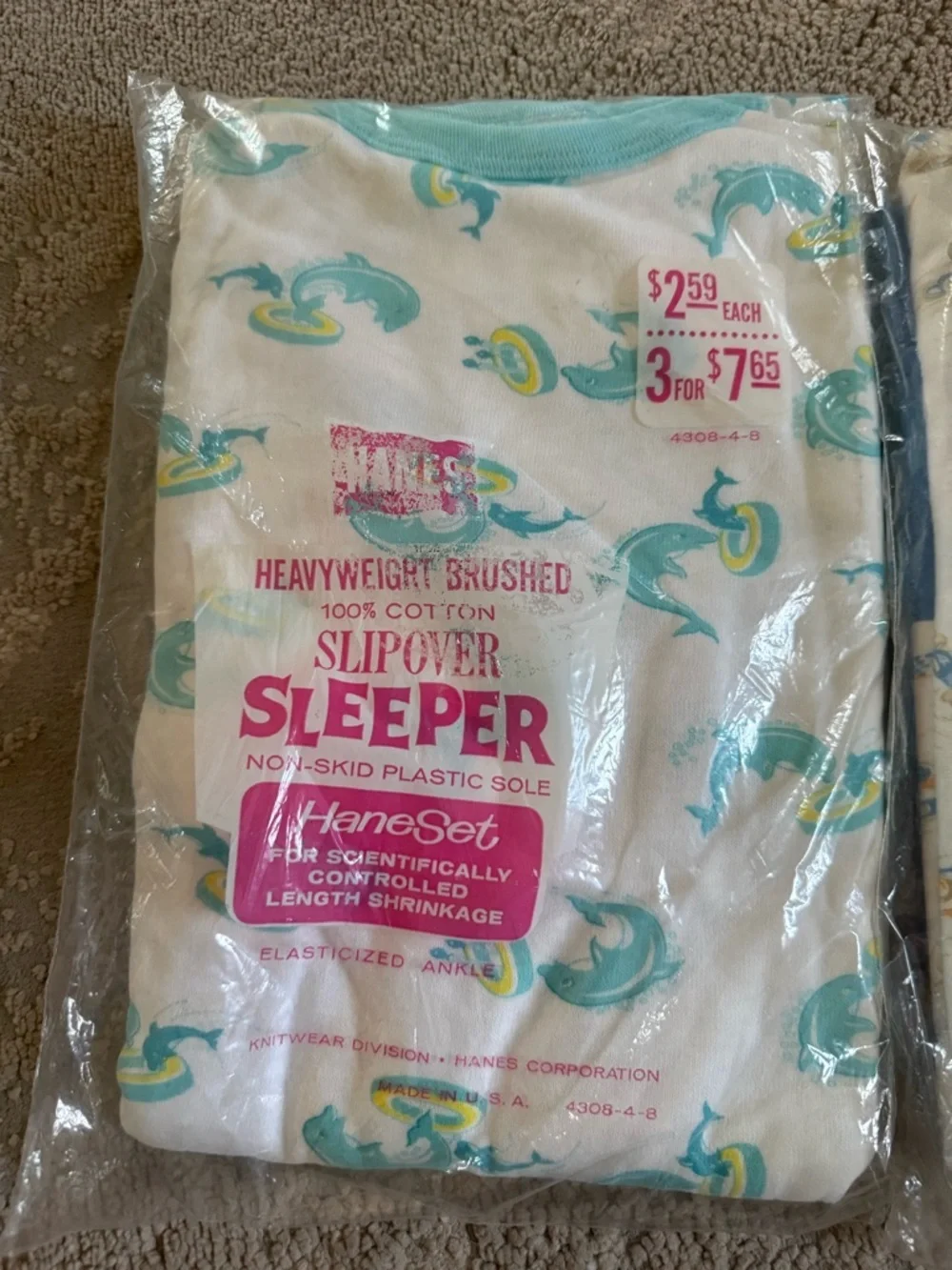 Vintage Hanes footed pajama white blue dolphins race cotton car new boys 8